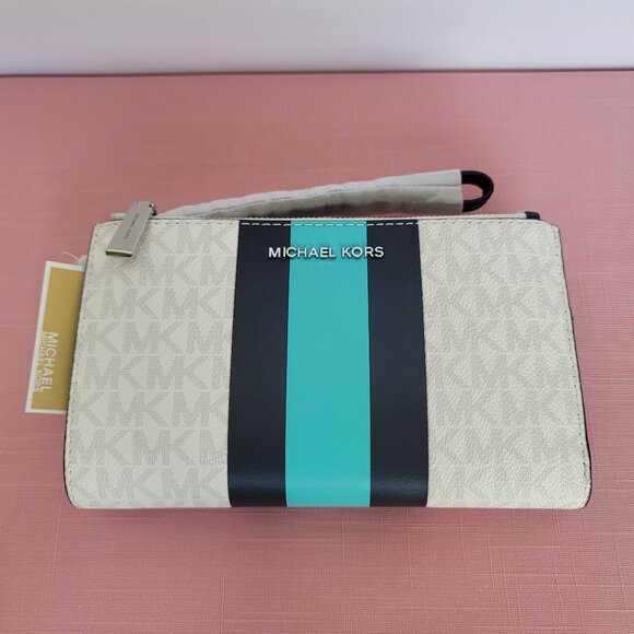 MICHAEL KORS Jet Set Double Zip Signature Phone Wristlet- Ocean Blue Multi 🎈⭐ - Picture 1 of 16